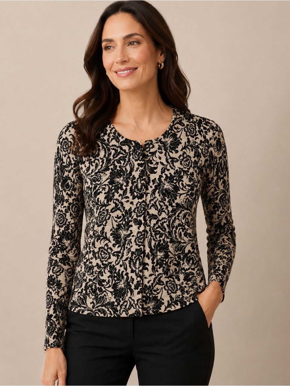 Talbots Damask Metallic Shimmer Cardigan Sweater Black Cream Medium